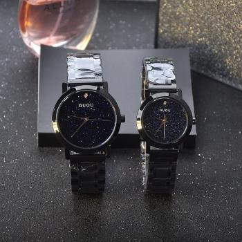 新款女士手表星空鋼帶酷黑色時尚個性不銹鋼圓形石英普通國產腕表