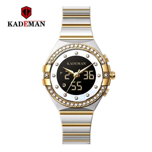 KADEMAN卡德曼女士多功能日歷雙機芯手表時尚防水鋼帶腕表9079