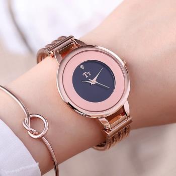 新款 士手表潮流個性玫瑰合金TT/表帶表女時尚金屬石英國產腕表