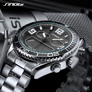 士手表 雙機芯多功能防水電子表顯示男商務圓形夜光石英國產腕表