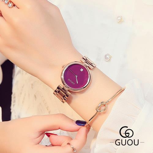 古歐日歷女款美范刻度簡約guou鋼帶手表時尚圓形石英普通國產腕表