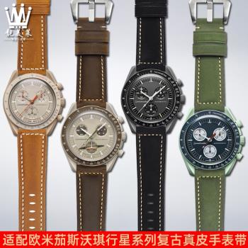 適配歐米茄聯名斯沃琪行星系列表omega swatch復古真皮手表帶20mm