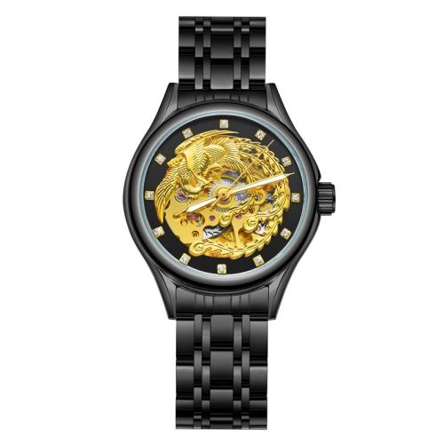 金色手表鏤空8222士全自動機械手/女商務圓形黑色金屬國產腕表