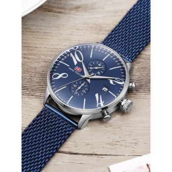 MINI FOCUS凸曲面手表男士弧形玻璃大秒針計時功能鋼帶休閑腕表