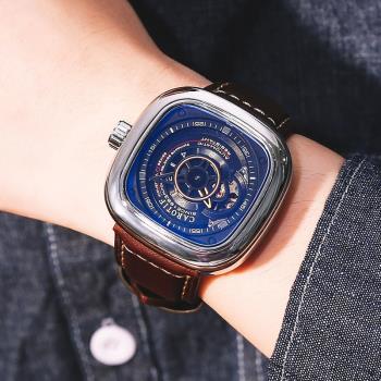 爆款 方形自動機械男大表盤手表全鏤空休閑真皮鋼帶金屬國產腕表