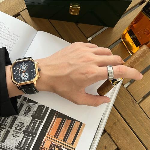 商務方形手表男皮帶金色時尚多功能夜光日歷休閑潮酷炫學生石英表