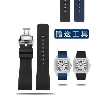 適配卡地亞矽膠手錶帶山度士Santos100桑托斯防水橡膠表鏈20 23mm