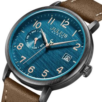 JULIUS新款時尚手表自動星期功能進口機芯男青年學生真皮藍面腕表