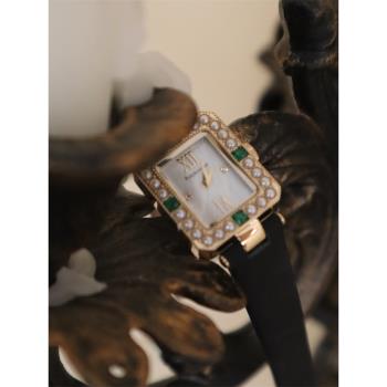 祖母綠鑲鉆小米珠手表方形復古中古奢華高級感翡翠寶石真皮女士