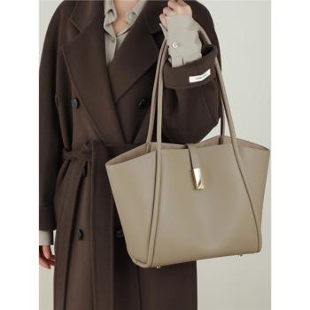 Viney法式真皮女包托特包通勤包包大容量單肩簡約時尚高級感灰色