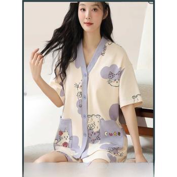 帶胸墊睡衣女士春秋季純棉長袖2024年新款甜美卡通開衫V領家居服