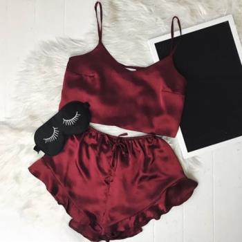 Silk Robe Camis Shorts 2Pcs Babydoll Nightwear Red Sleepwear
