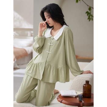 睡衣女春秋款純棉長袖新中式甜美綠色大碼高階感休閑家居服套裝