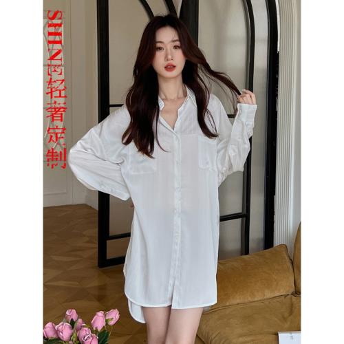 純欲風！夏季白色男友風襯衫裙睡裙女性感真絲稠長袖慵懶風睡衣薄
