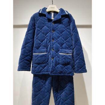 妮可雅珊瑚絨夾棉中老年男睡衣秋冬季三層加絨厚棉保暖家居服套裝