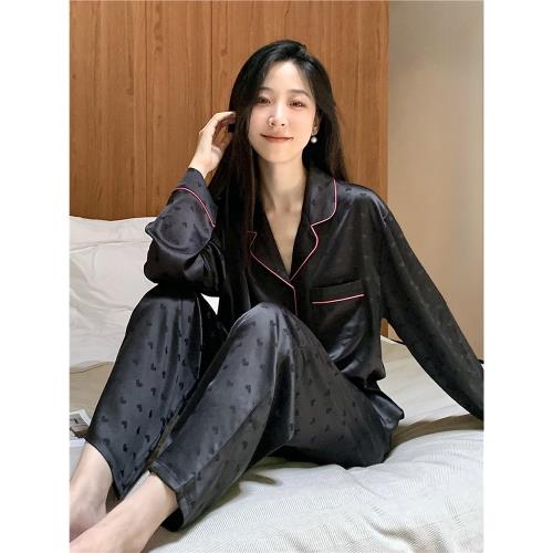 小紅書推薦！真絲睡衣女春夏季長袖長褲套裝黑色愛心印花家居服薄