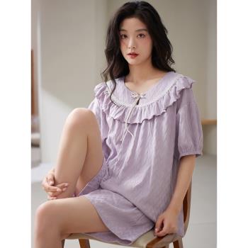 女夏季純棉短褲甜美紫色大碼睡衣