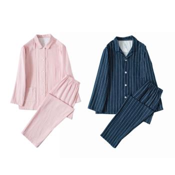 雙層紗睡衣 無印無側縫日式良品條紋純色 全棉新款情侶家居服套裝