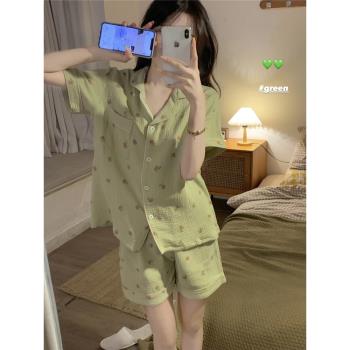 夏季網紅ins抹茶色褶皺睡衣女夏天2024年新款學生短袖家居服套裝