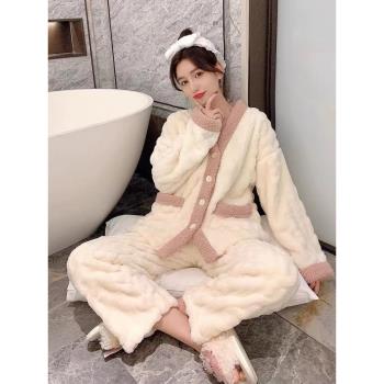 網紅爆款冬睡衣女加厚保暖小香風長毛絨開衫休閑簡約家居服兩件套