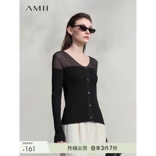 Amii極簡毛衣女2025秋新款冰爽絲拼歐根紗透視V領紐扣假門襟上衣