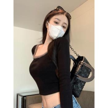 批 發春季女裝韓版新款修身內搭打底T恤性感短款長袖方領針織衫潮