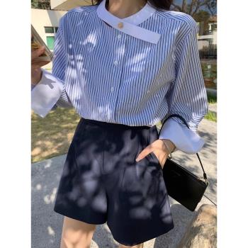 秋冬女裝批新款發氣質長袖寬松拼色襯衣時尚BF慵懶風立領條紋襯衫