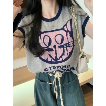 夏季女裝批新款發休閑圓領百搭減齡上衣學生短袖字母卡通針織衫潮