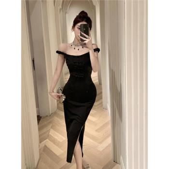 法式名媛輕奢高階一字肩禮服氣質女神範純欲性感獨特超好看連衣裙