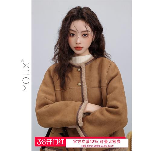 YOUX【糖炒板栗】美拉德外套女冬新款復古貓貓風加絨加厚圓領上衣