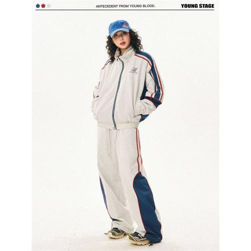 YOUNG STAGE原創設計美式復古撞色夾克外套女休閑運動褲兩件套裝