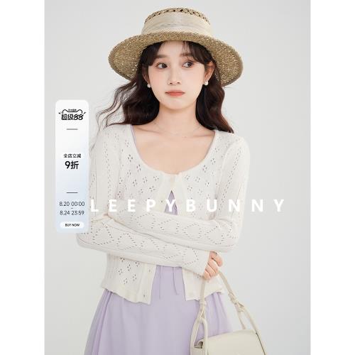 瞌睡兔 U領顯瘦毛織開衫女短款修身顯瘦單排扣鏤空休閑針織衫上衣