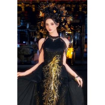 氣質女神 黑金刺繡新娘敬酒服生日宴會演出主持人婚紗晚禮服19866