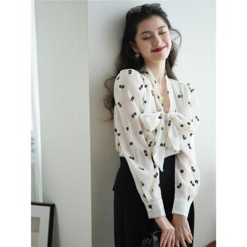 chic蝴蝶結襯衫通勤長袖設計花朵