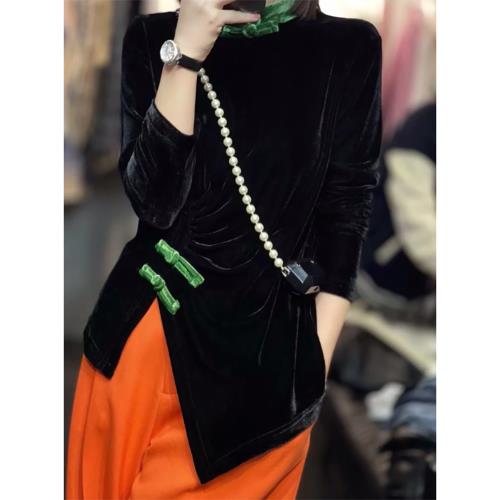 新中式復古黑色絲絨上衣2025新款春秋女高領盤扣漂亮別致獨特小衫