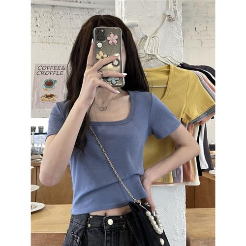 方領正肩短袖t恤女夏季純棉U領小眾修身顯瘦百搭短款辣妹上衣ins