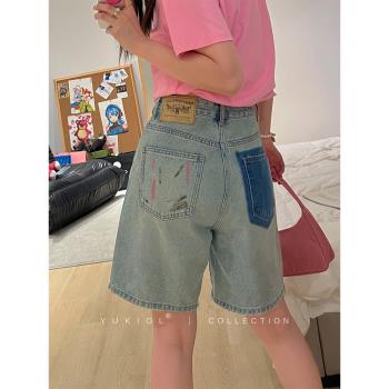 小羽家牛仔短褲女夏薄款闊腿褲高腰撞色塗鴉口袋復古淺藍色五分褲