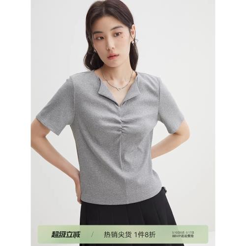 獨束大碼女裝設計感日常通勤小翻領短袖t恤女夏季新款微胖mm上衣