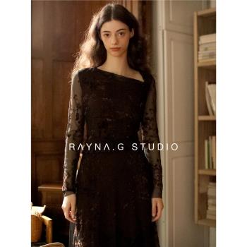 Rayna.g/芮納紀 焦糖植絨新中式連衣裙女秋冬法式復古氣質長裙