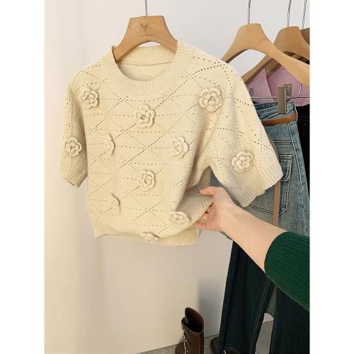 重工鉤花短袖針織衫女夏季2025新款內搭別致短款花朵打底T恤小衫