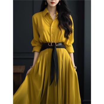 設計師款女裝法式高級感氣質名媛Polo領黃色長袖襯衫收腰連衣裙秋