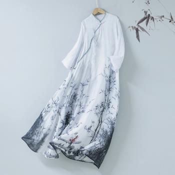 墨下初心復古中國風改良型旗袍裙素雅水墨印花中式A版連衣裙女