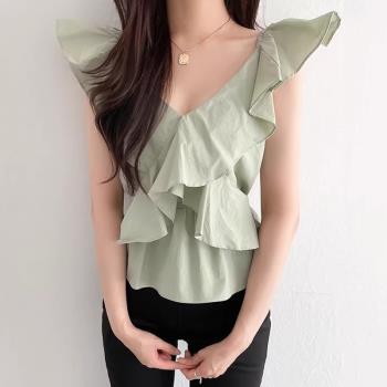 韓國chic夏季法式小清新V領系帶收腰顯瘦百搭拼接荷葉邊背心襯衫