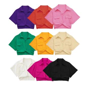 2023 solid color quality short blouse for women design shirt