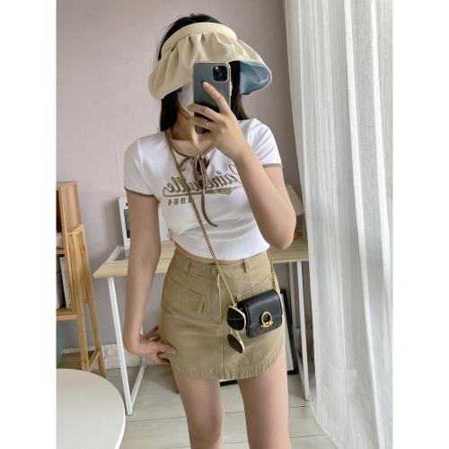 SA小樹2023新辣妹系帶美式復古短款T恤女撞色字母刺繡短袖上衣