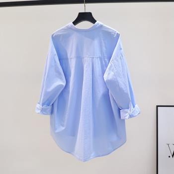 設計感小清新淺藍色棉布襯衫女士春夏新款韓版單口袋寬松襯衣上衣
