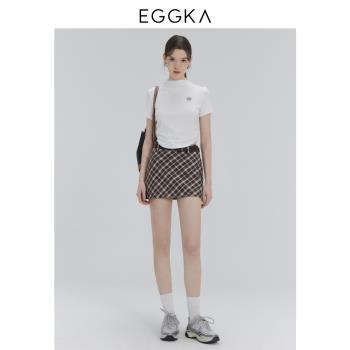 EGGKA高領修身收腰短袖刺繡T恤