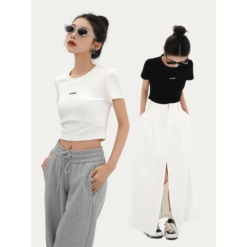 SRYS原創設計感刺繡高腰修身短款短袖T恤上衣衣服內搭打底衫新款