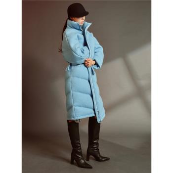 MXU冬季新款高級時尚藍色羊毛呢加厚白鴨絨收腰過膝長款羽絨服女