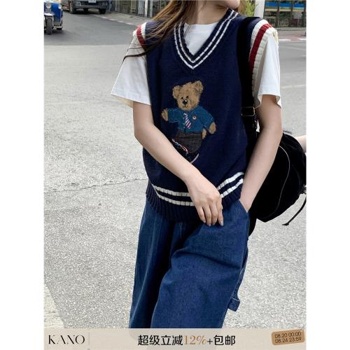 你好卡農撞色V領寬松針織背心